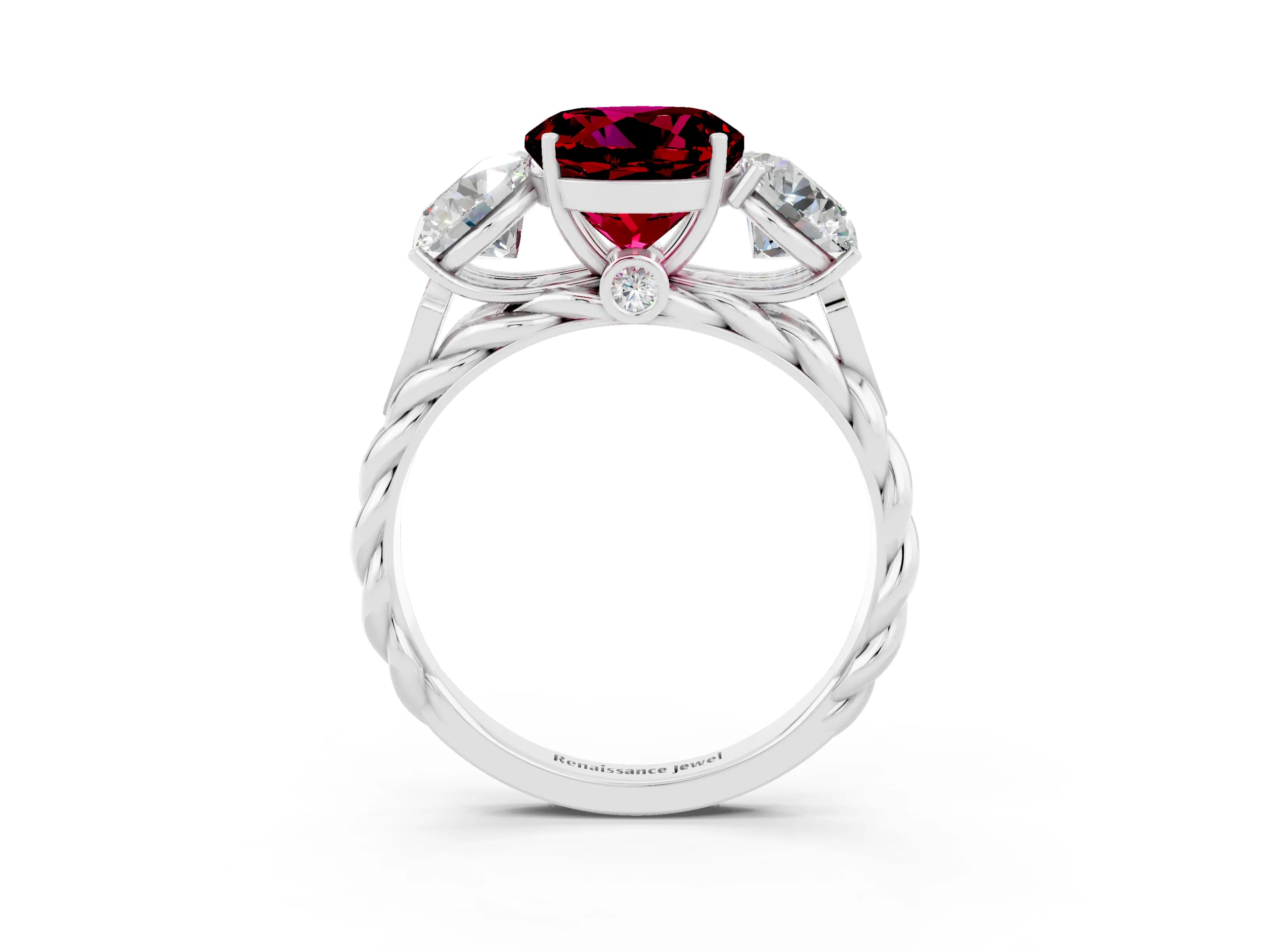 White gold Three-Stone Round Cut Garnet Braided Band Ring with Four-Prong Setting_15