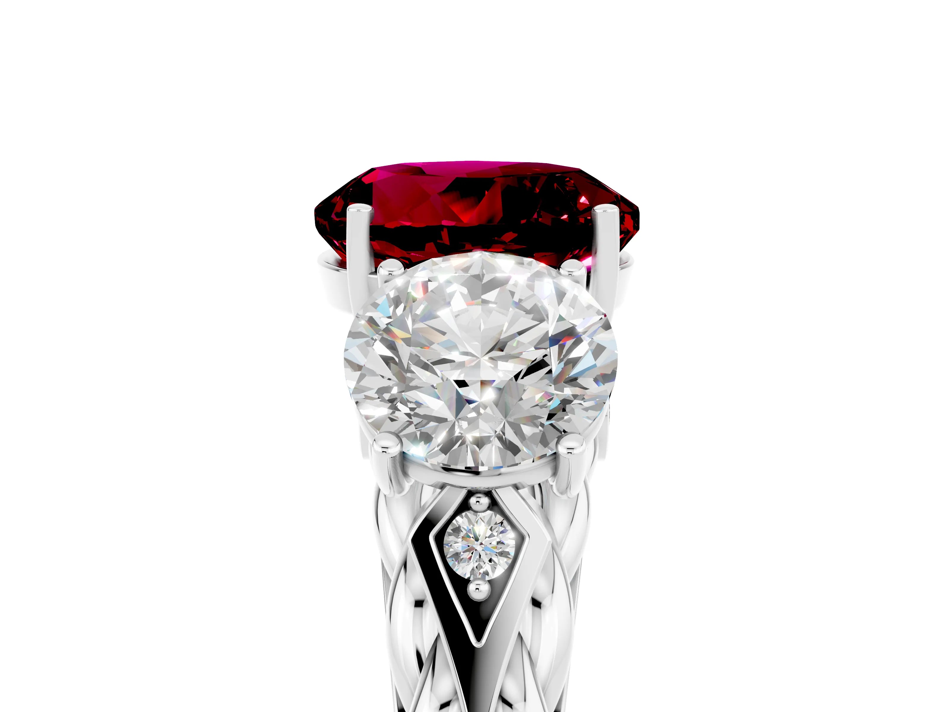 White gold Three-Stone Round Cut Garnet Braided Band Ring with Four-Prong Setting_17