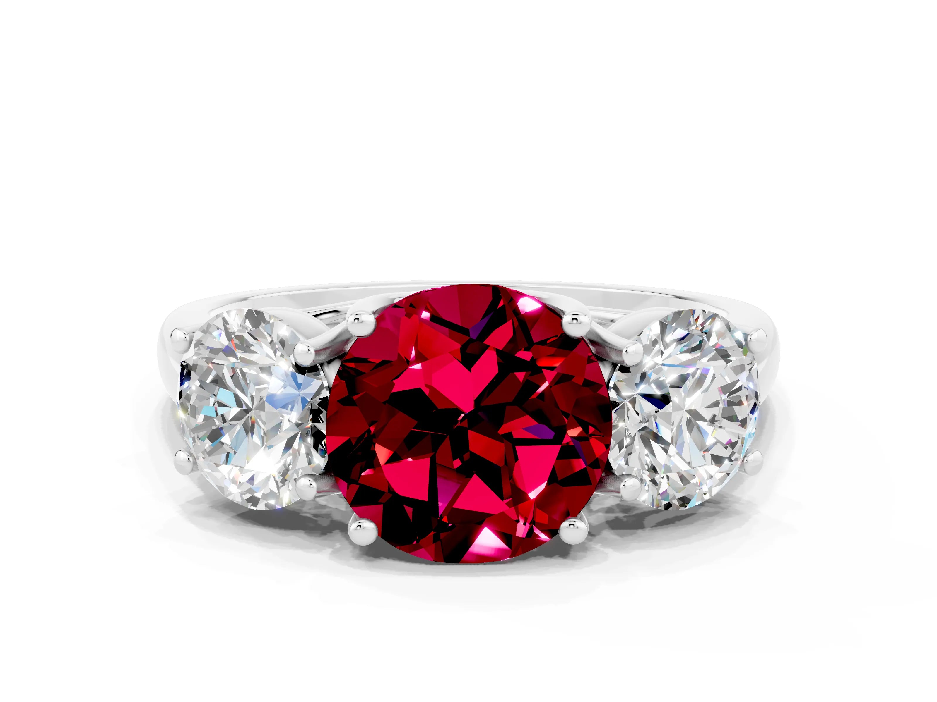 White gold Three-Stone Round Cut Garnet Engagement Ring with Prong Setting