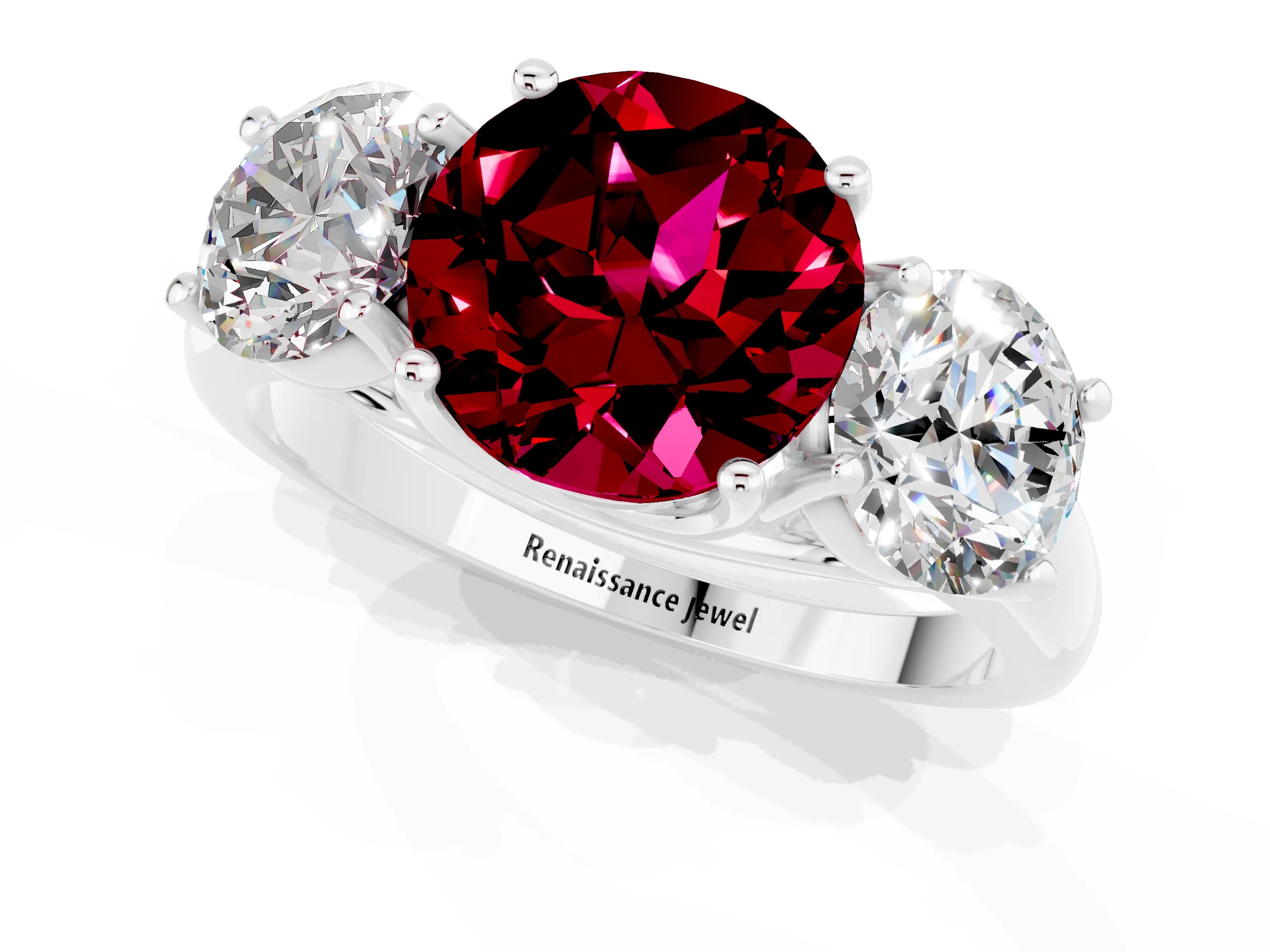 White gold Three-Stone Round Cut Garnet Engagement Ring with Prong Setting_1