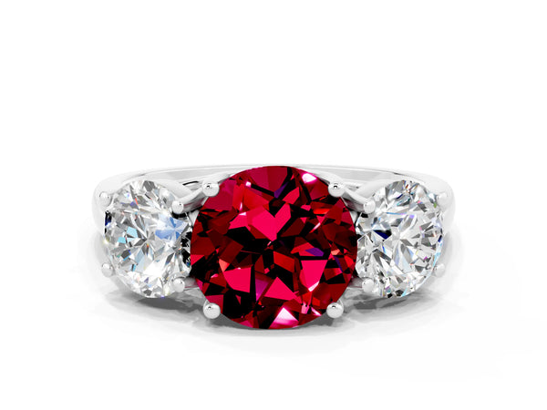 Silver Three-Stone Round Cut Garnet Engagement Ring with Prong Setting
