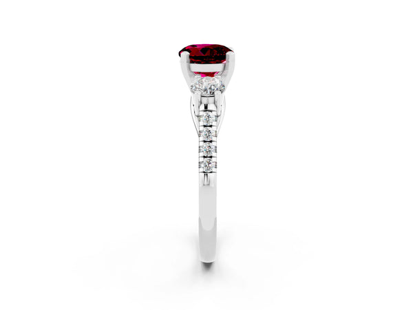 White gold Three-Stone Round Cut Garnet Pavé Band with Four-Prong Setting