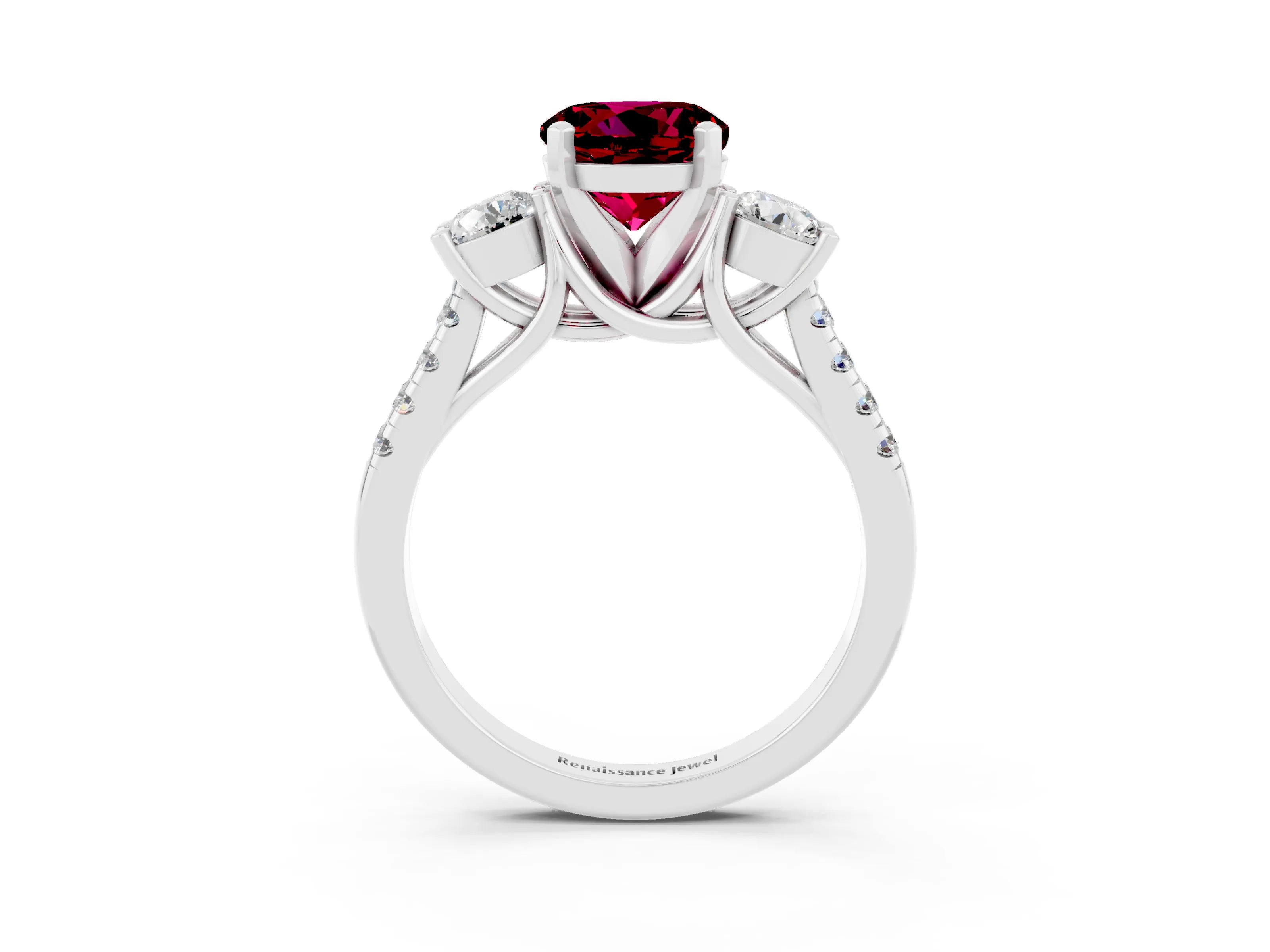 White gold Three-Stone Round Cut Garnet Pavé Band with Four-Prong Setting_3
