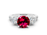 White gold Three-Stone Round Cut Garnet Pavé Band with Four-Prong Setting