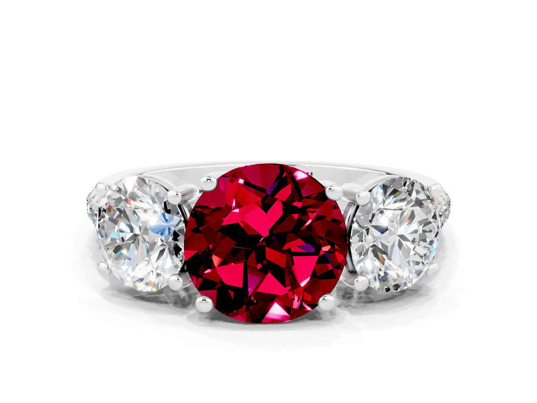 White gold Three-Stone Round Cut Garnet Ring with Pavé Band and Prong Setting_12