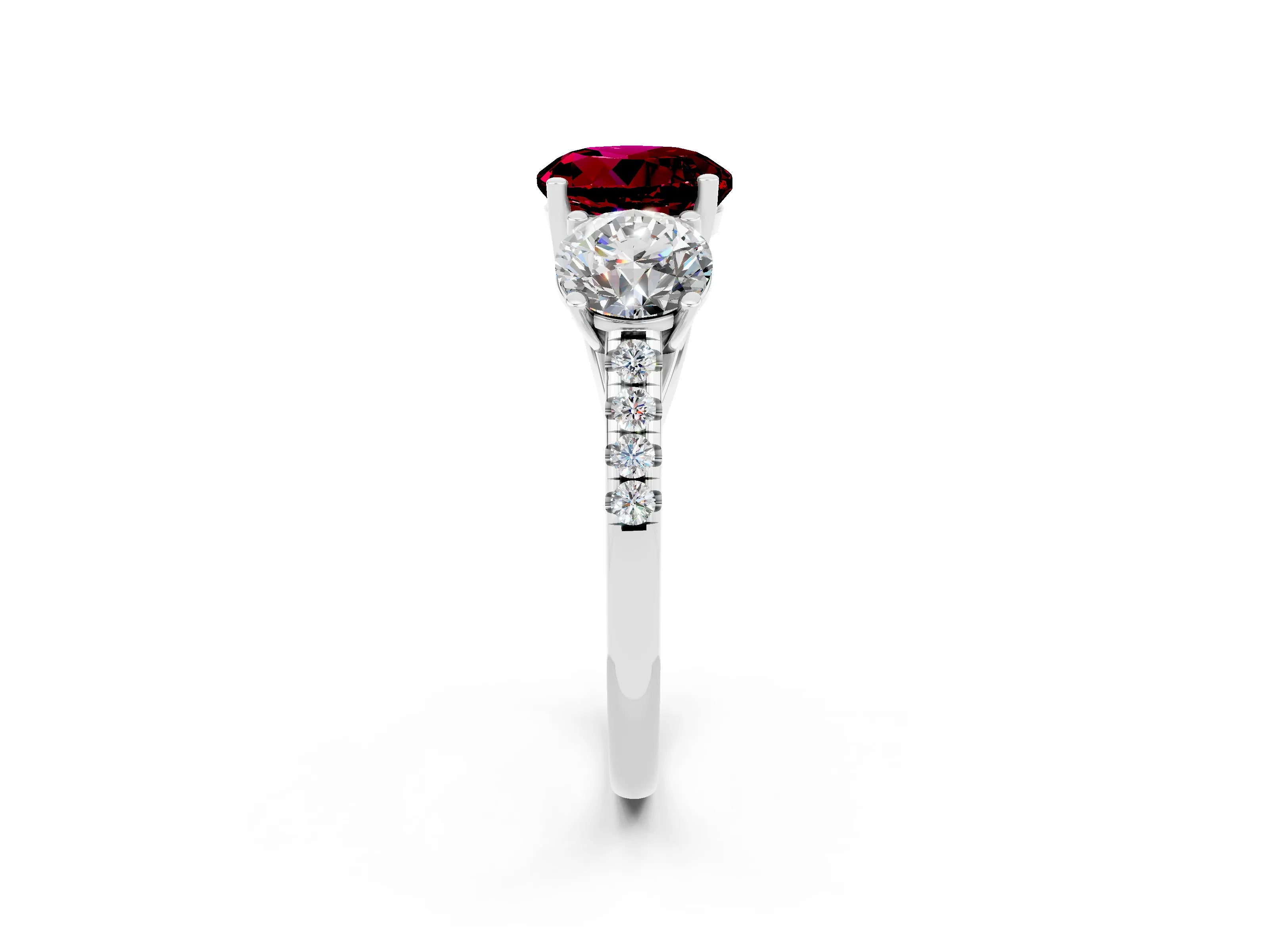 White gold Three-Stone Round Cut Garnet Ring with Pavé Band and Prong Setting_14
