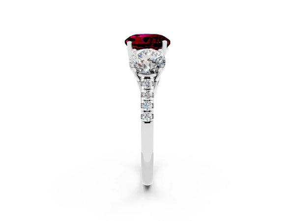 White gold Three-Stone Round Cut Garnet Ring with Round  Pavé Band and Prong Setting