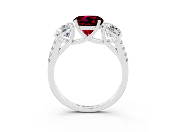 Platinum Three-Stone Round Cut Garnet Ring with Round  Pavé Band and Prong Setting