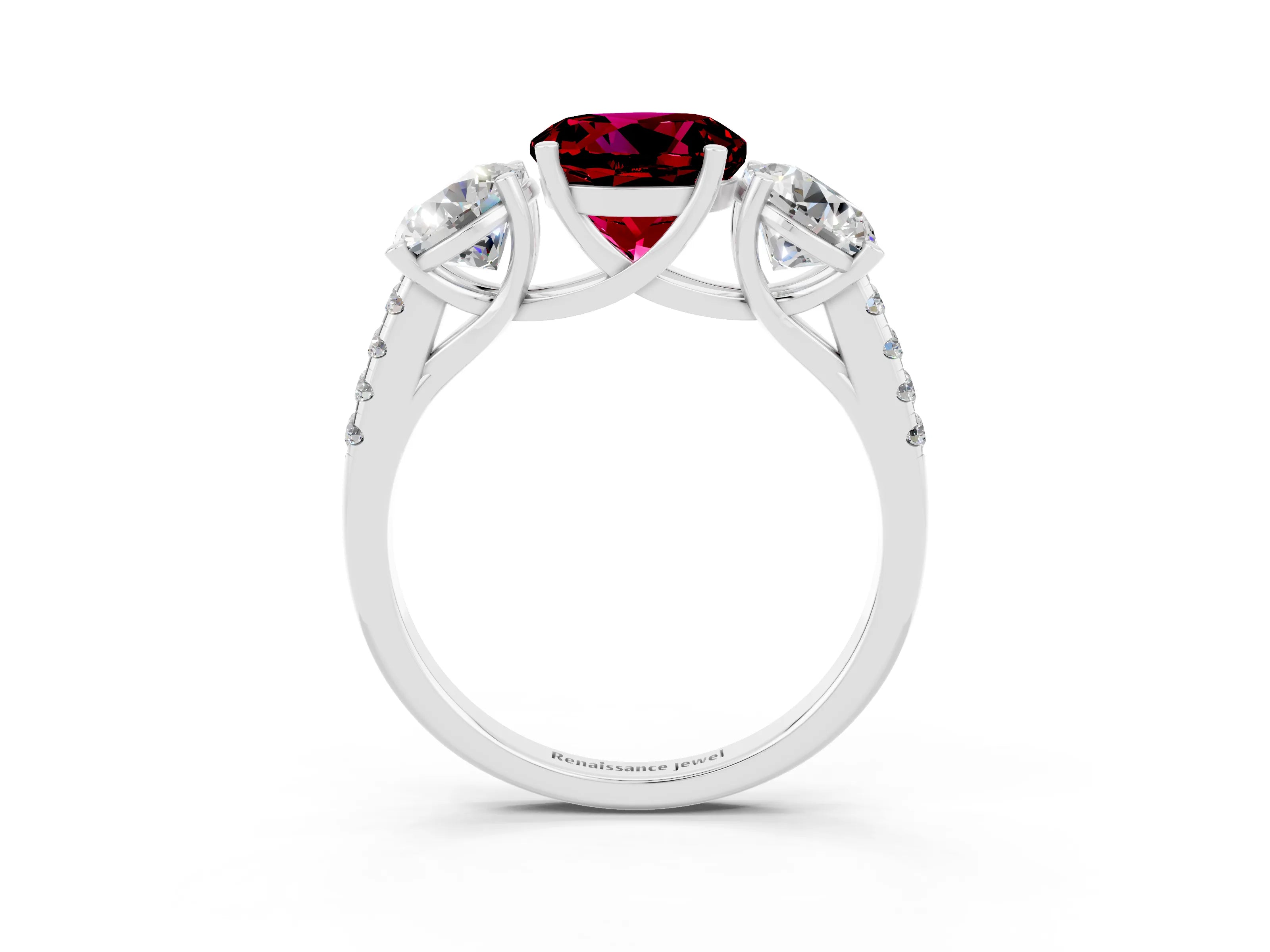 White gold Three-Stone Round Cut Garnet Ring with Pavé Band and Prong Setting_15