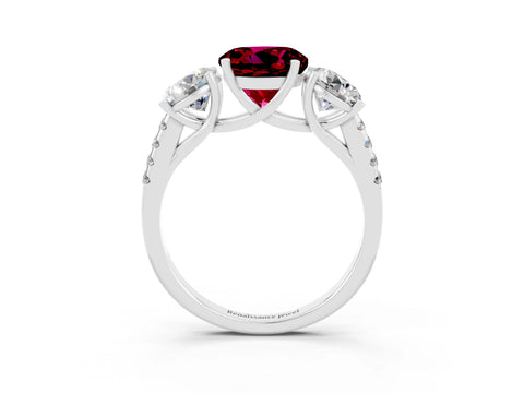 White gold Three-Stone Round Cut Garnet Ring with Pavé Band and Prong Setting_15