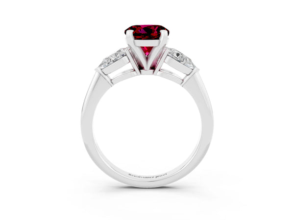 White gold Three-Stone Round Cut Garnet Ring with Pear Side Stones and Four-Prong Setting