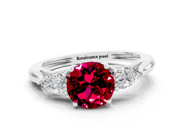 White gold Three-Stone Round Cut Garnet Ring with Pear  Side Stones in Four-Prong Setting