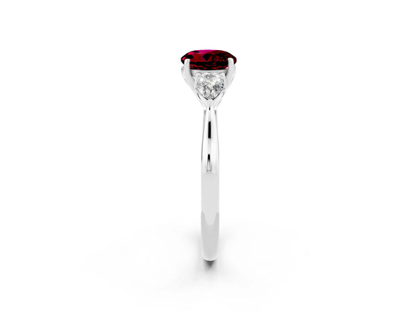 Platinum Three-Stone Round Cut Garnet Ring with Pear  Side Stones in Four-Prong Setting