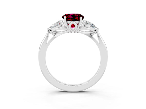 Silver Three-Stone Round Cut Garnet Ring with Pear  Side Stones in Four-Prong Setting