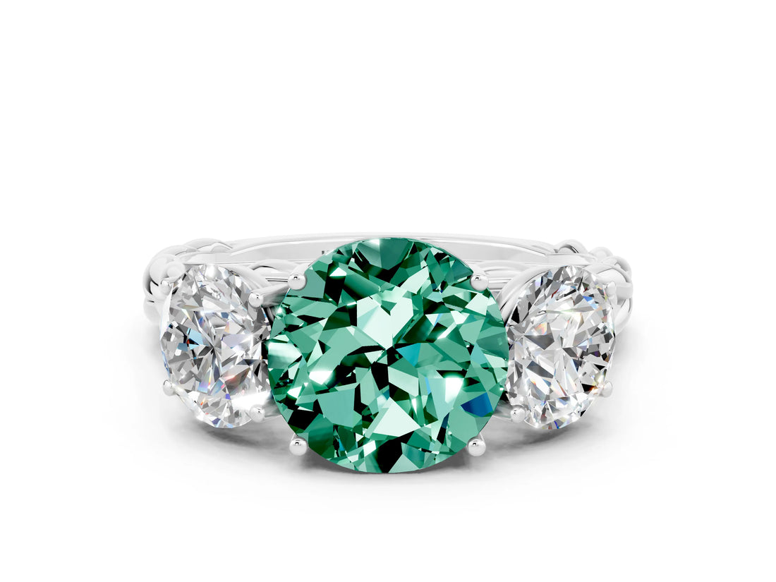 White gold Three-Stone Round Cut Green Sapphire Braided Band Ring with Four-Prong Setting_12