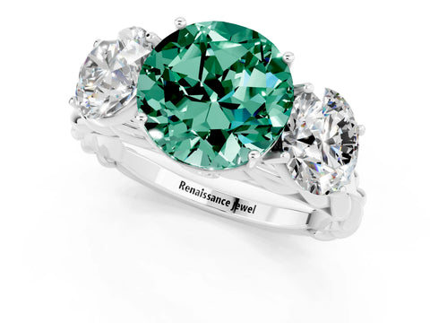 White gold Three-Stone Round Cut Green Sapphire Braided Band Ring with Four-Prong Setting_13