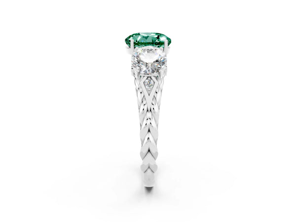 Silver Three-Stone Round Cut Green Sapphire Braided Band Ring with Four-Prong Setting