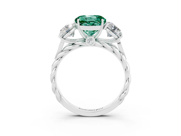 White gold Three-Stone Round Cut Green Sapphire Braided Band Ring with Four-Prong Setting