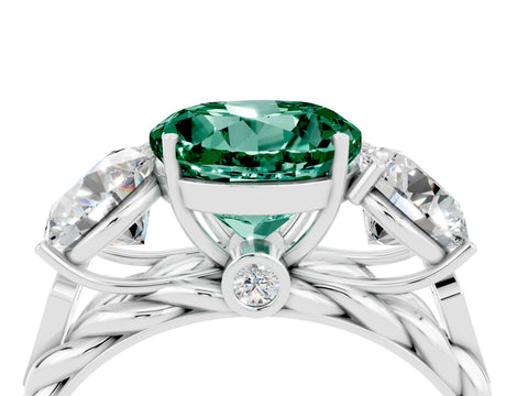 White gold Three-Stone Round Cut Green Sapphire Braided Band Ring with Four-Prong Setting_16