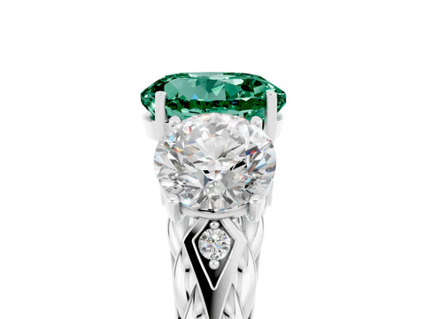 White gold Three-Stone Round Cut Green Sapphire Braided Band Ring with Four-Prong Setting_17