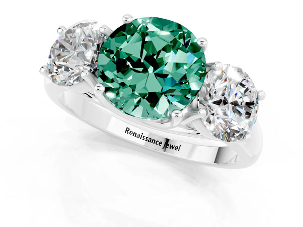 Silver Three-Stone Round Cut Green Sapphire Engagement Ring with Prong Setting