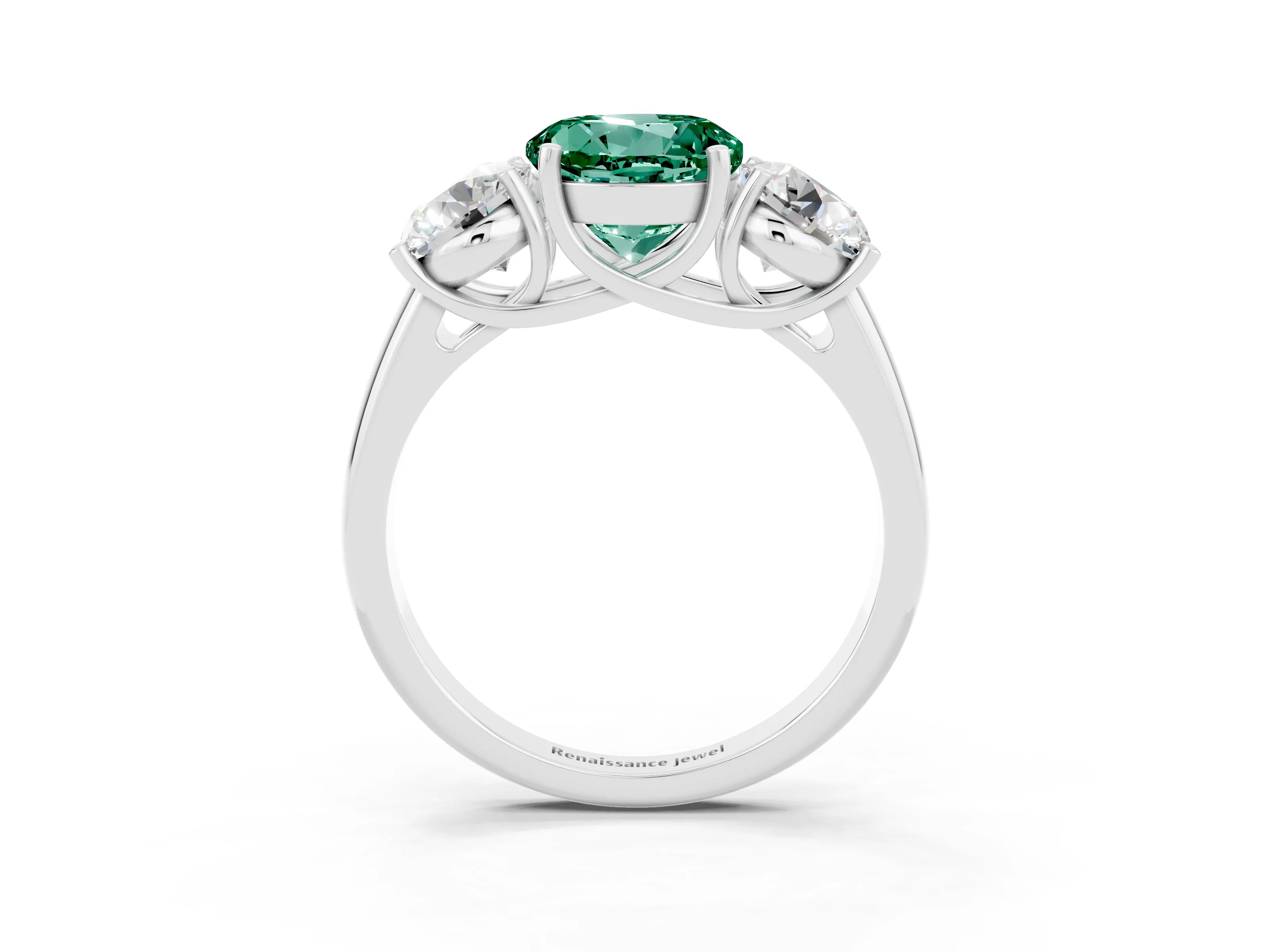 White gold Three-Stone Round Cut Green Sapphire Engagement Ring with Prong Setting_3