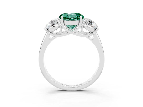 Platinum Three-Stone Round Cut Green Sapphire Engagement Ring with Prong Setting