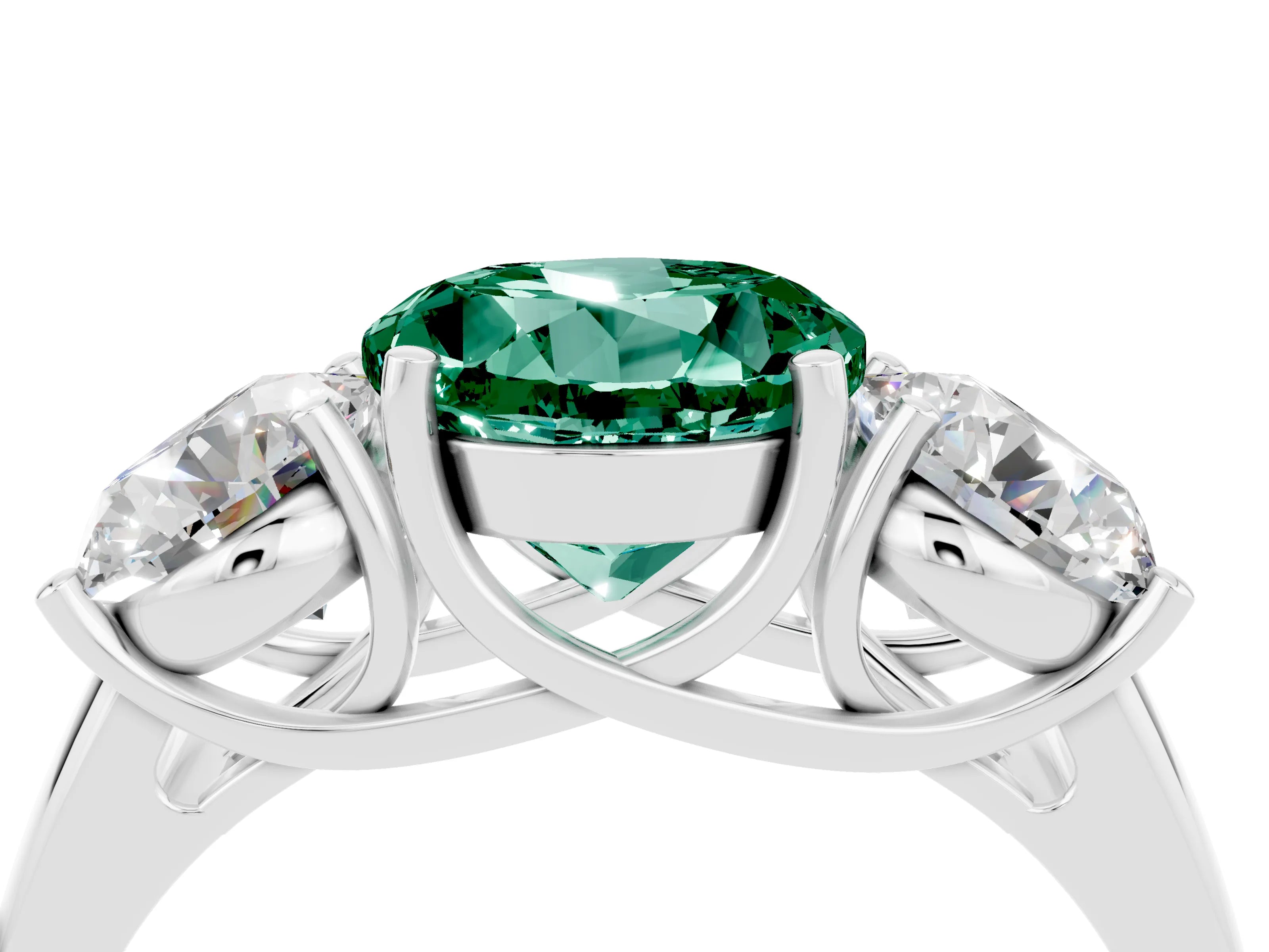 White gold Three-Stone Round Cut Green Sapphire Engagement Ring with Prong Setting_4