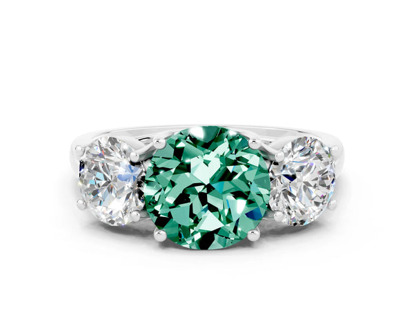 Silver Three-Stone Round Cut Green Sapphire Engagement Ring with Prong Setting