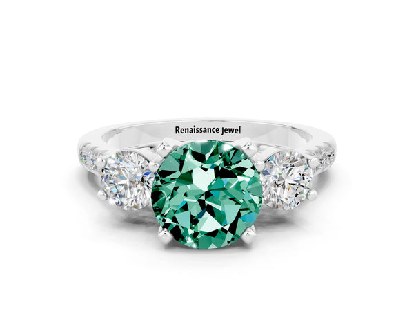 Platinum Three-Stone Round Cut Green Sapphire Pavé Band with Four-Prong Setting