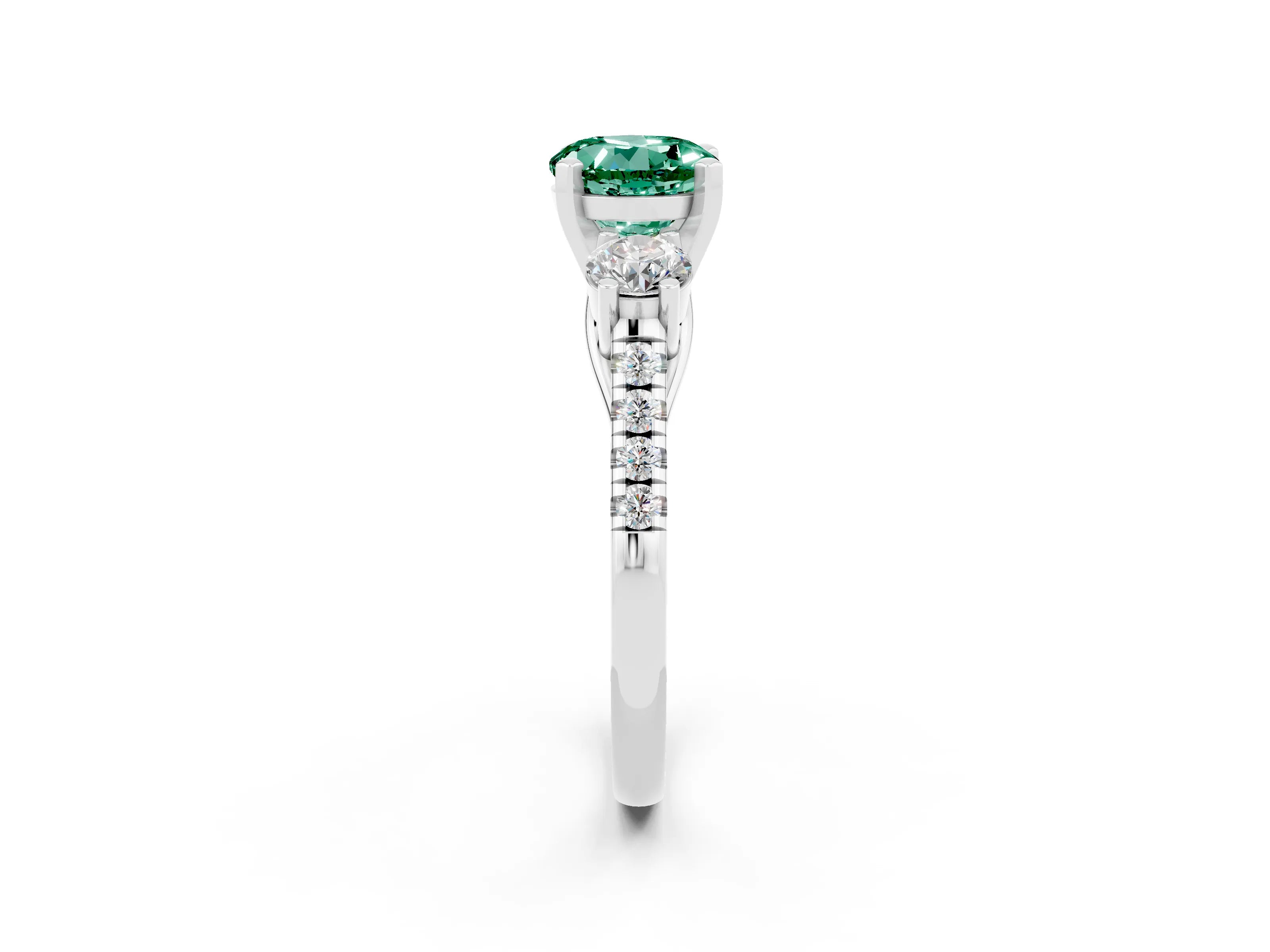 White gold Three-Stone Round Cut Green Sapphire Pavé Band with Four-Prong Setting_2