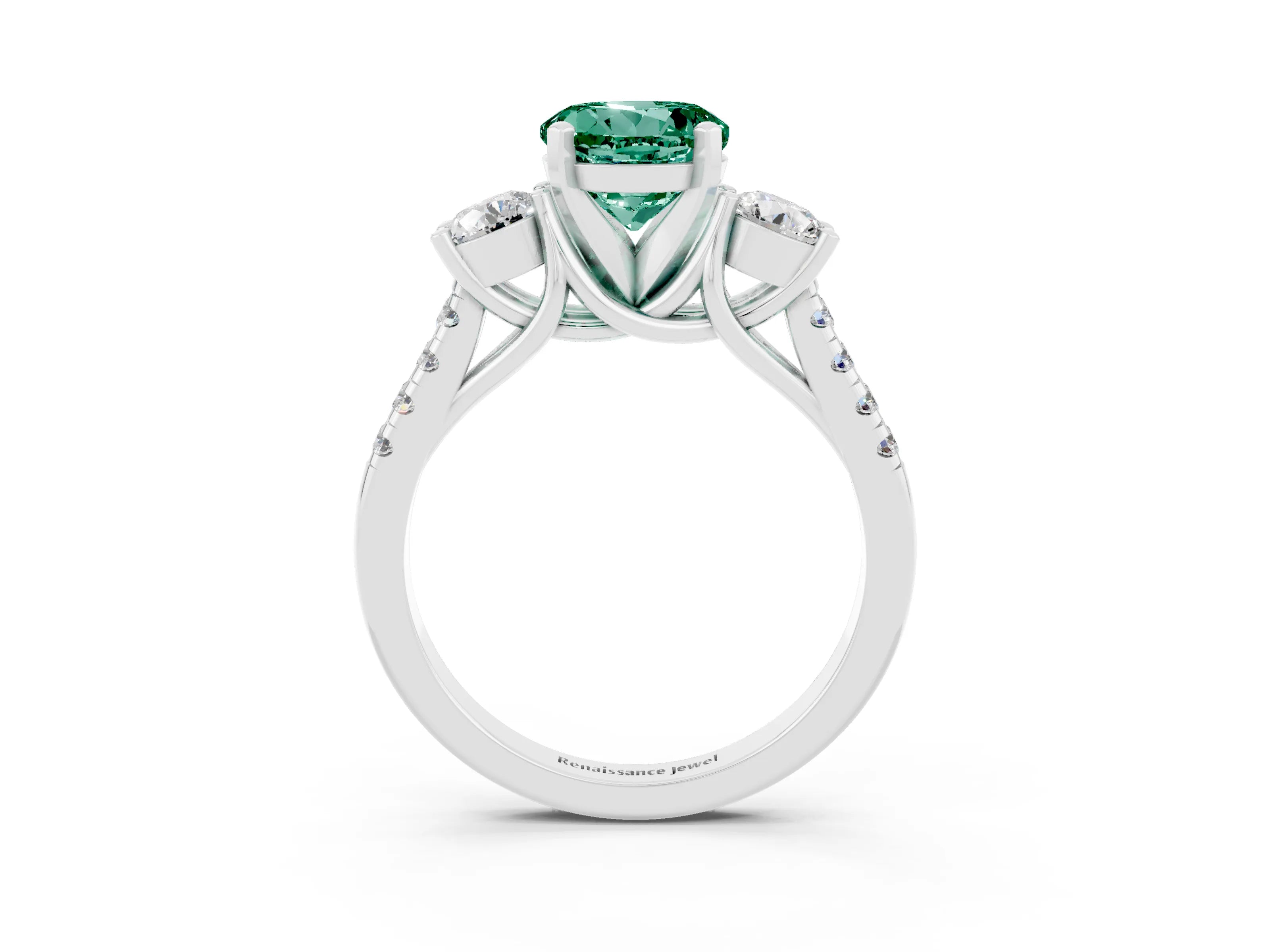 White gold Three-Stone Round Cut Green Sapphire Pavé Band with Four-Prong Setting_3