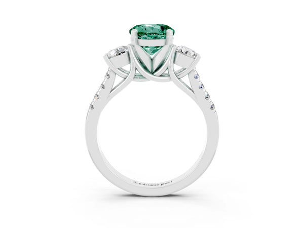 Silver Three-Stone Round Cut Green Sapphire Pavé Band with Four-Prong Setting