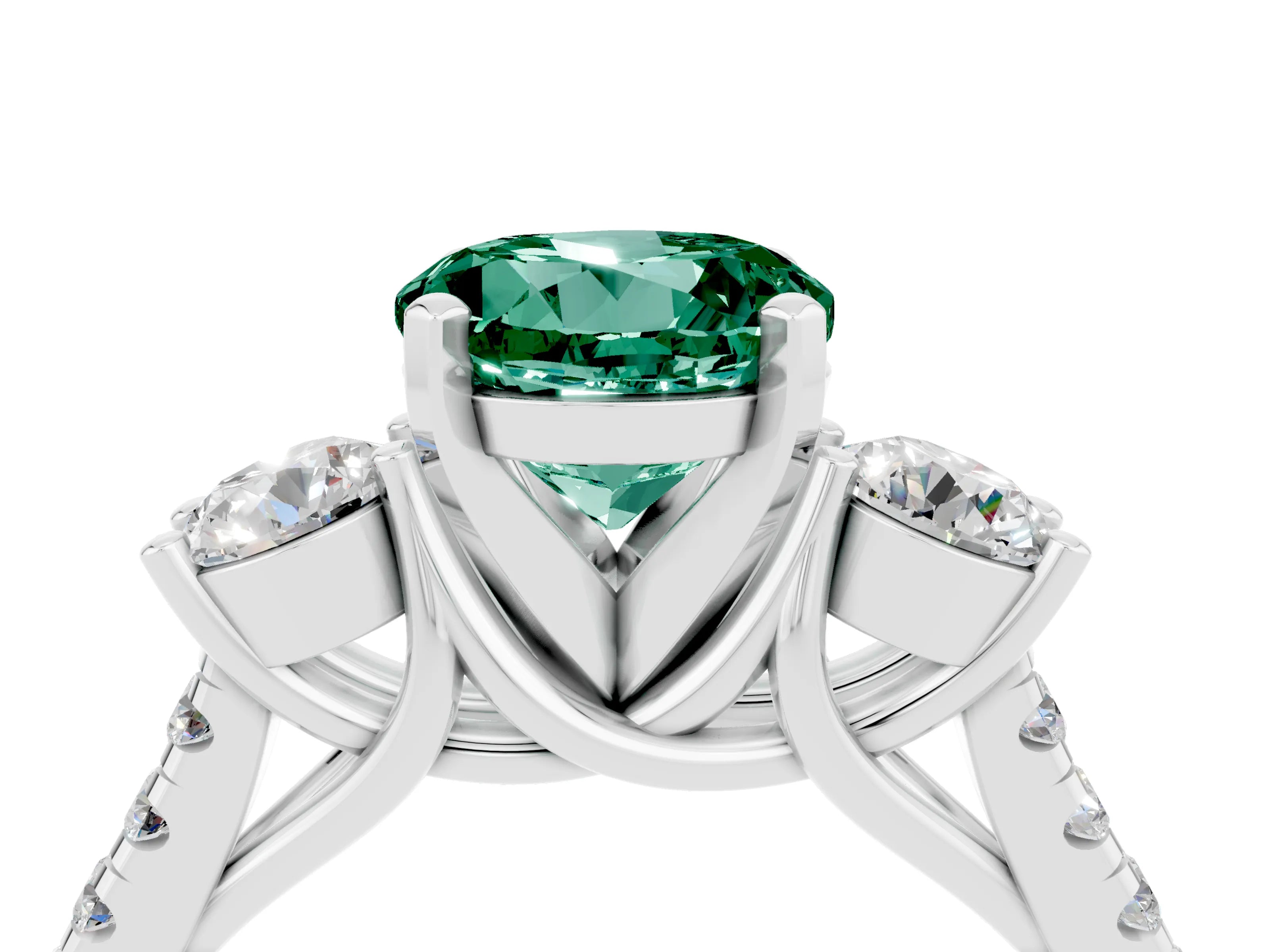 White gold Three-Stone Round Cut Green Sapphire Pavé Band with Four-Prong Setting_4