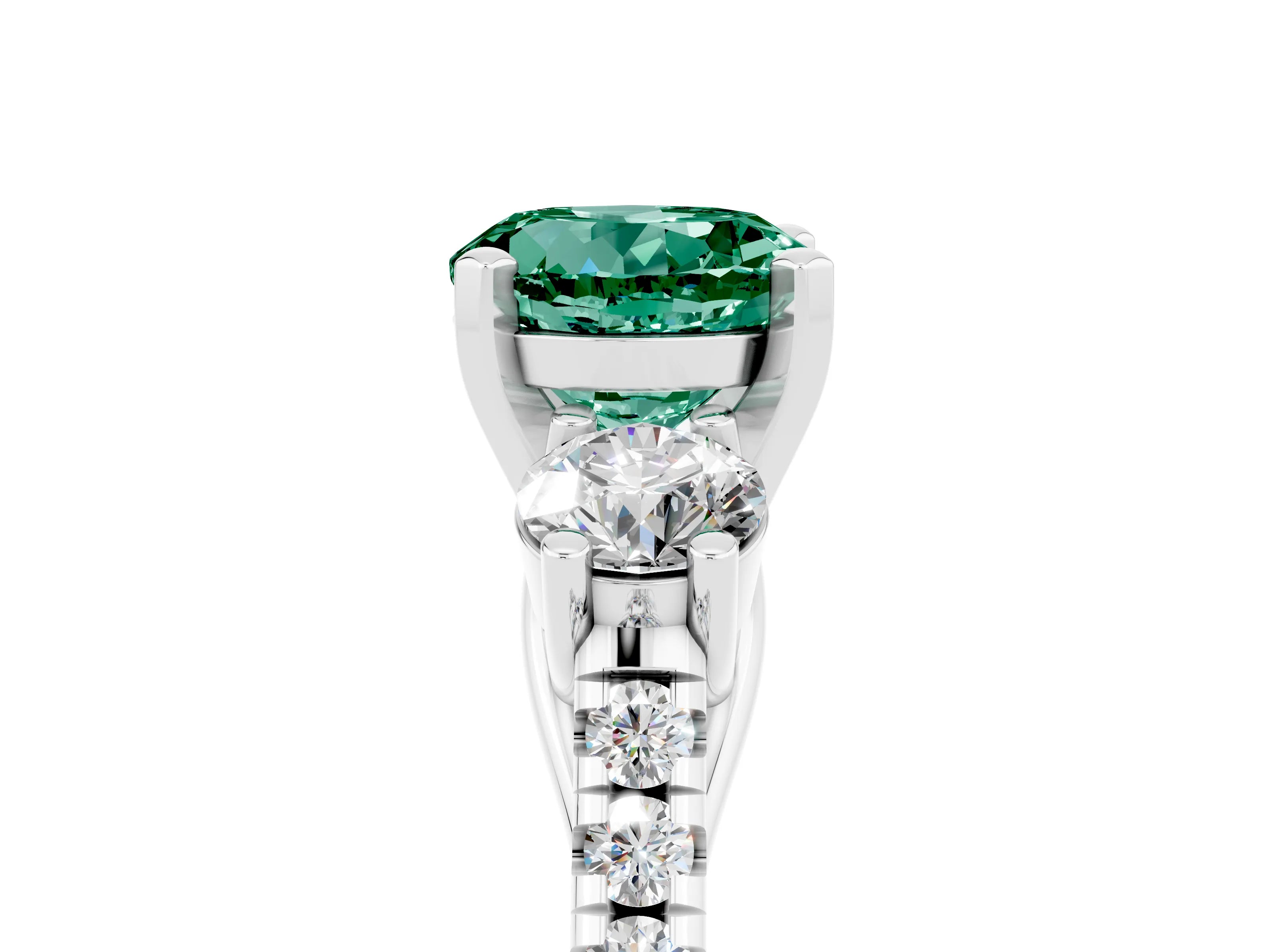 White gold Three-Stone Round Cut Green Sapphire Pavé Band with Four-Prong Setting_5