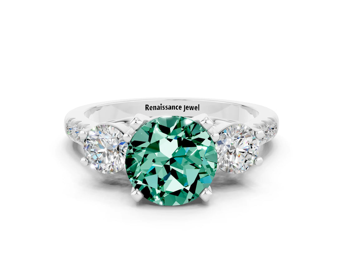 White gold Three-Stone Round Cut Green Sapphire Pavé Band with Four-Prong Setting