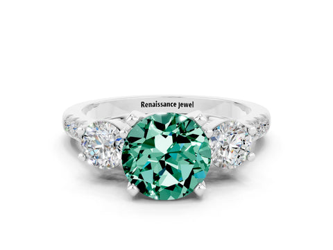 White gold Three-Stone Round Cut Green Sapphire Pavé Band with Four-Prong Setting