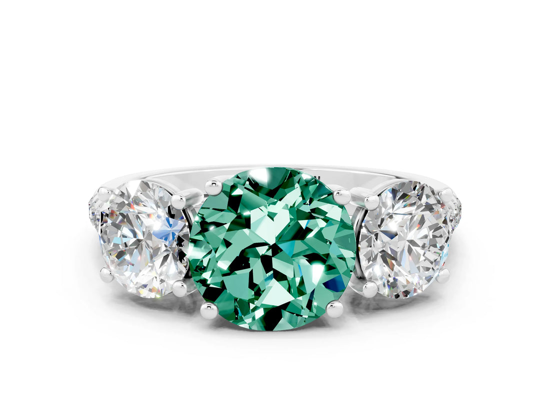 White gold Three-Stone Round Cut Green Sapphire Ring with Pavé Band and Prong Setting_12
