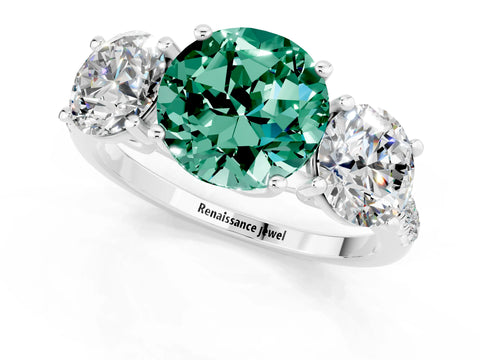 White gold Three-Stone Round Cut Green Sapphire Ring with Pavé Band and Prong Setting_13