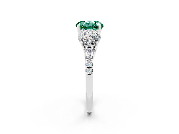 White gold Three-Stone Round Cut Green Sapphire Ring with Round  Pavé Band and Prong Setting