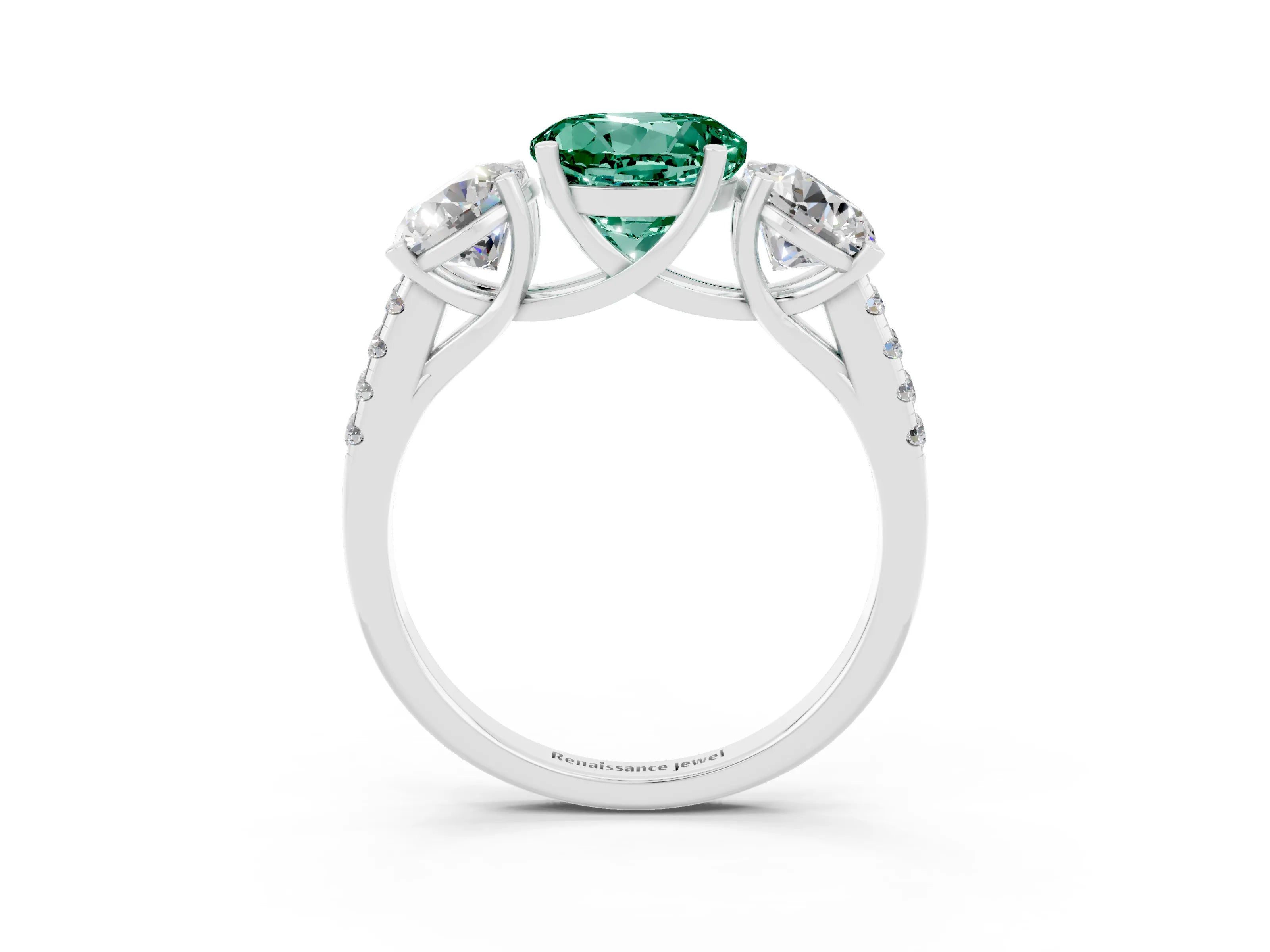 White gold Three-Stone Round Cut Green Sapphire Ring with Pavé Band and Prong Setting_15