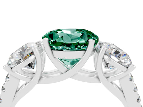 White gold Three-Stone Round Cut Green Sapphire Ring with Pavé Band and Prong Setting_16