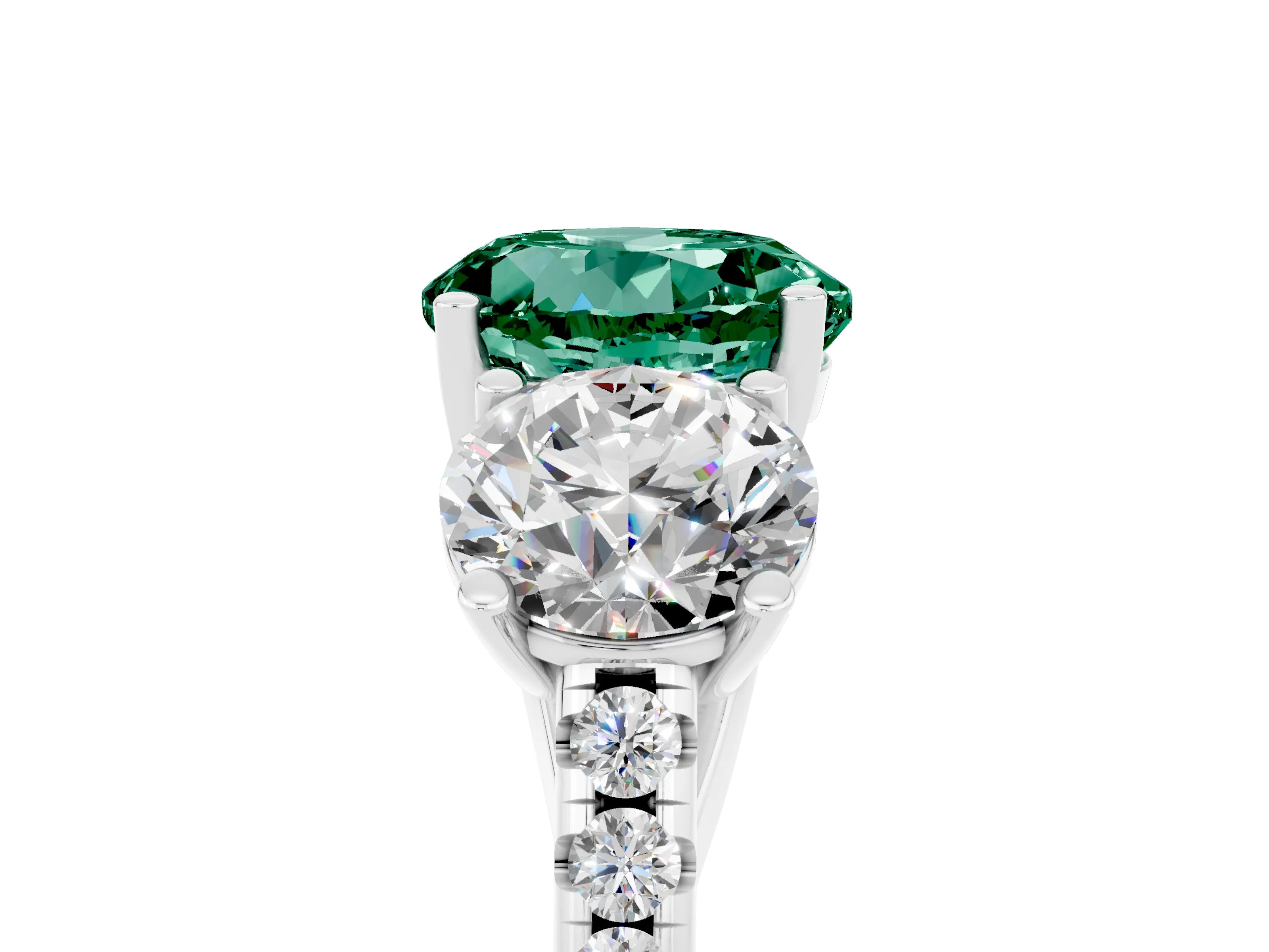 White gold Three-Stone Round Cut Green Sapphire Ring with Pavé Band and Prong Setting_17