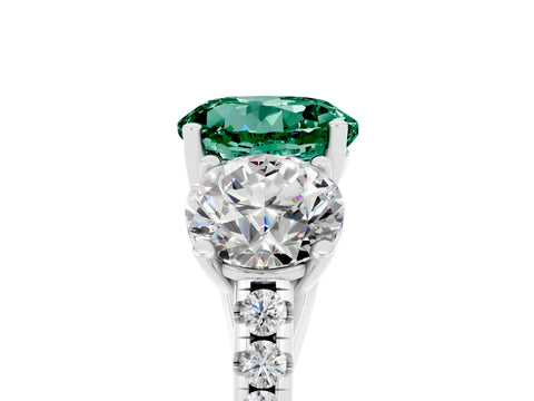 White gold Three-Stone Round Cut Green Sapphire Ring with Pavé Band and Prong Setting_17