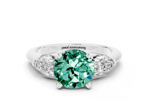 White gold Three-Stone Round Cut Green Sapphire Ring with Pear Side Stones and Four-Prong Setting