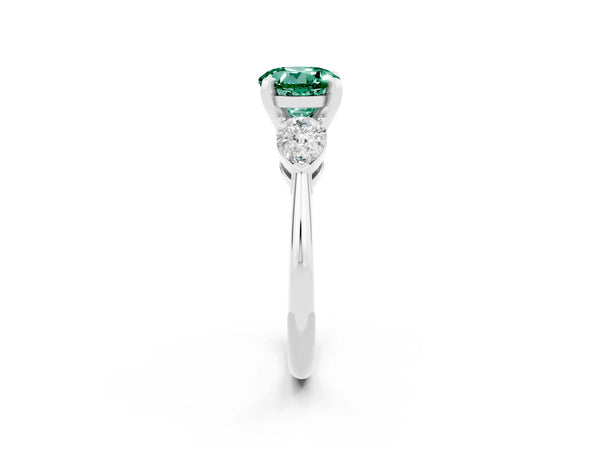 White gold Three-Stone Round Cut Green Sapphire Ring with Pear Side Stones and Four-Prong Setting