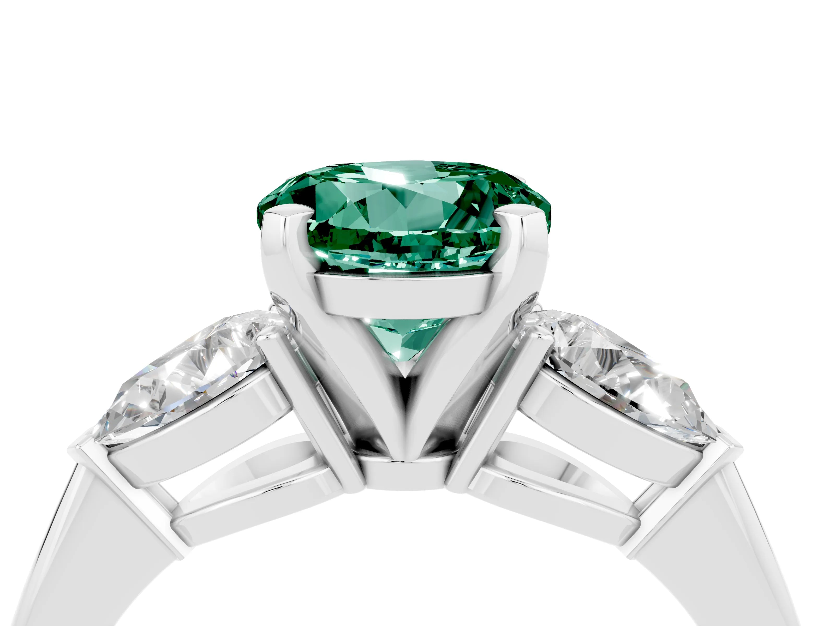 White gold Three-Stone Round Cut Green Sapphire Ring with Pear Side Stones and Four-Prong Setting_22