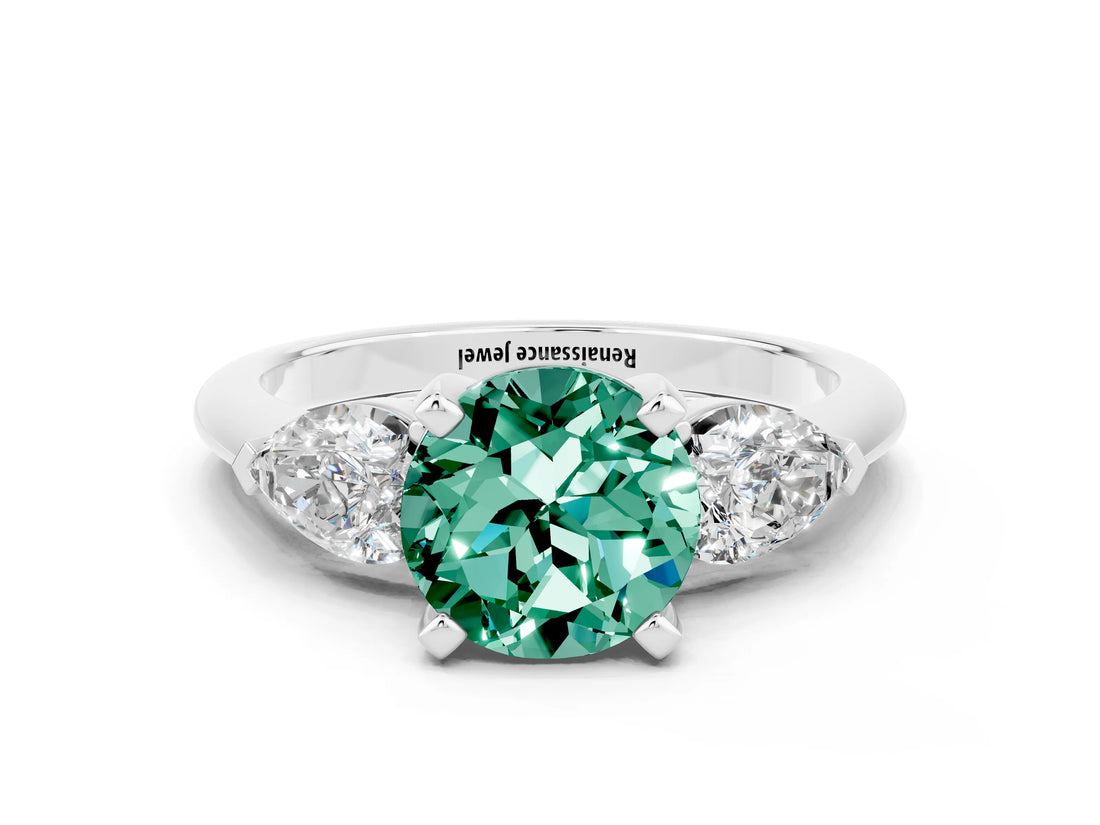 White gold Three-Stone Round Cut Green Sapphire Ring with Pear Side Stones and Four-Prong Setting_24