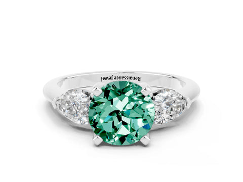 White gold Three-Stone Round Cut Green Sapphire Ring with Pear Side Stones and Four-Prong Setting_24