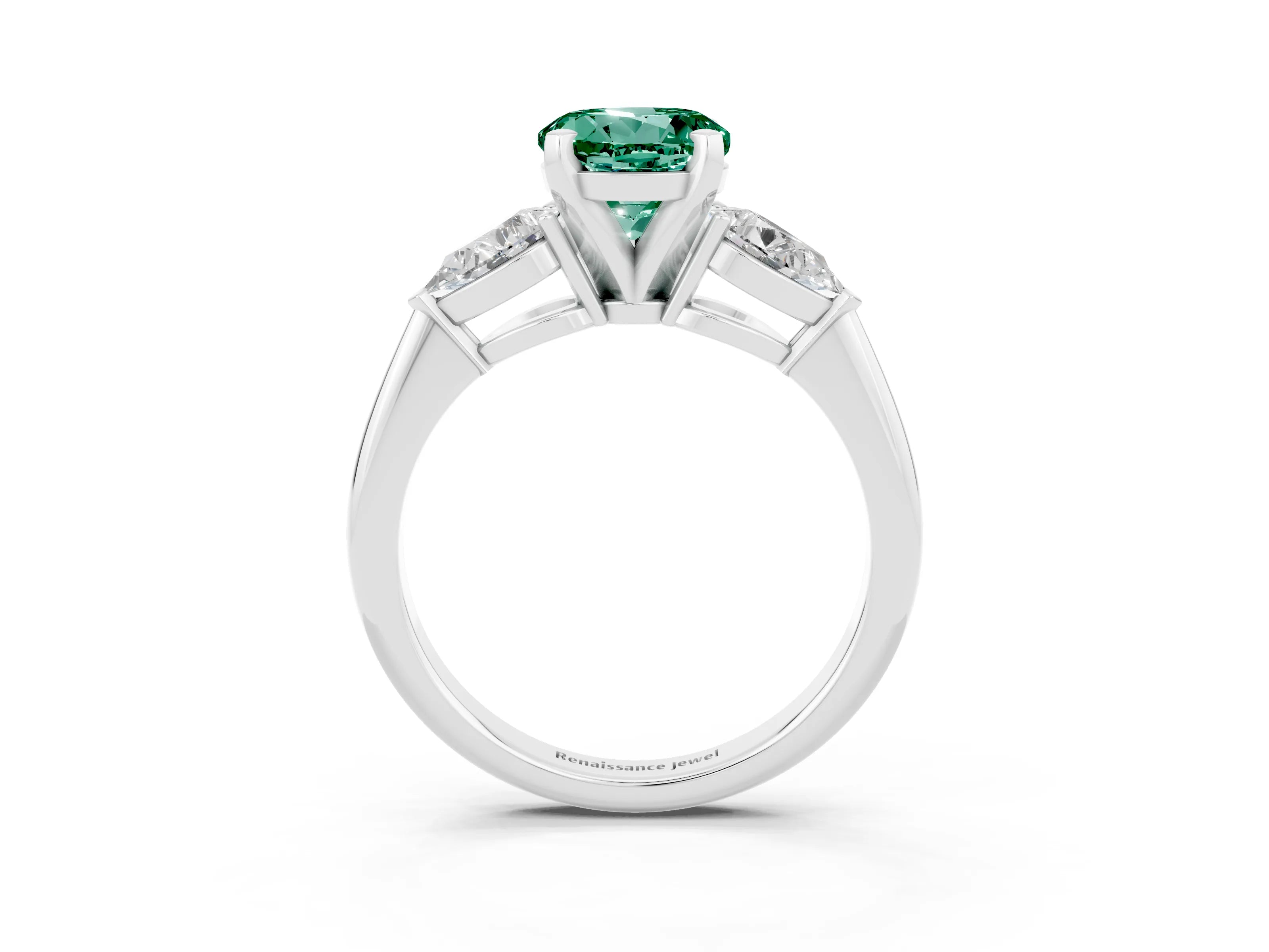 White gold Three-Stone Round Cut Green Sapphire Ring with Pear Side Stones and Four-Prong Setting_26